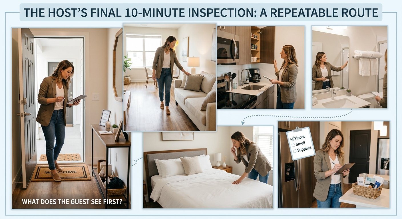 Airbnb host performing a final 10-minute guest-ready inspection