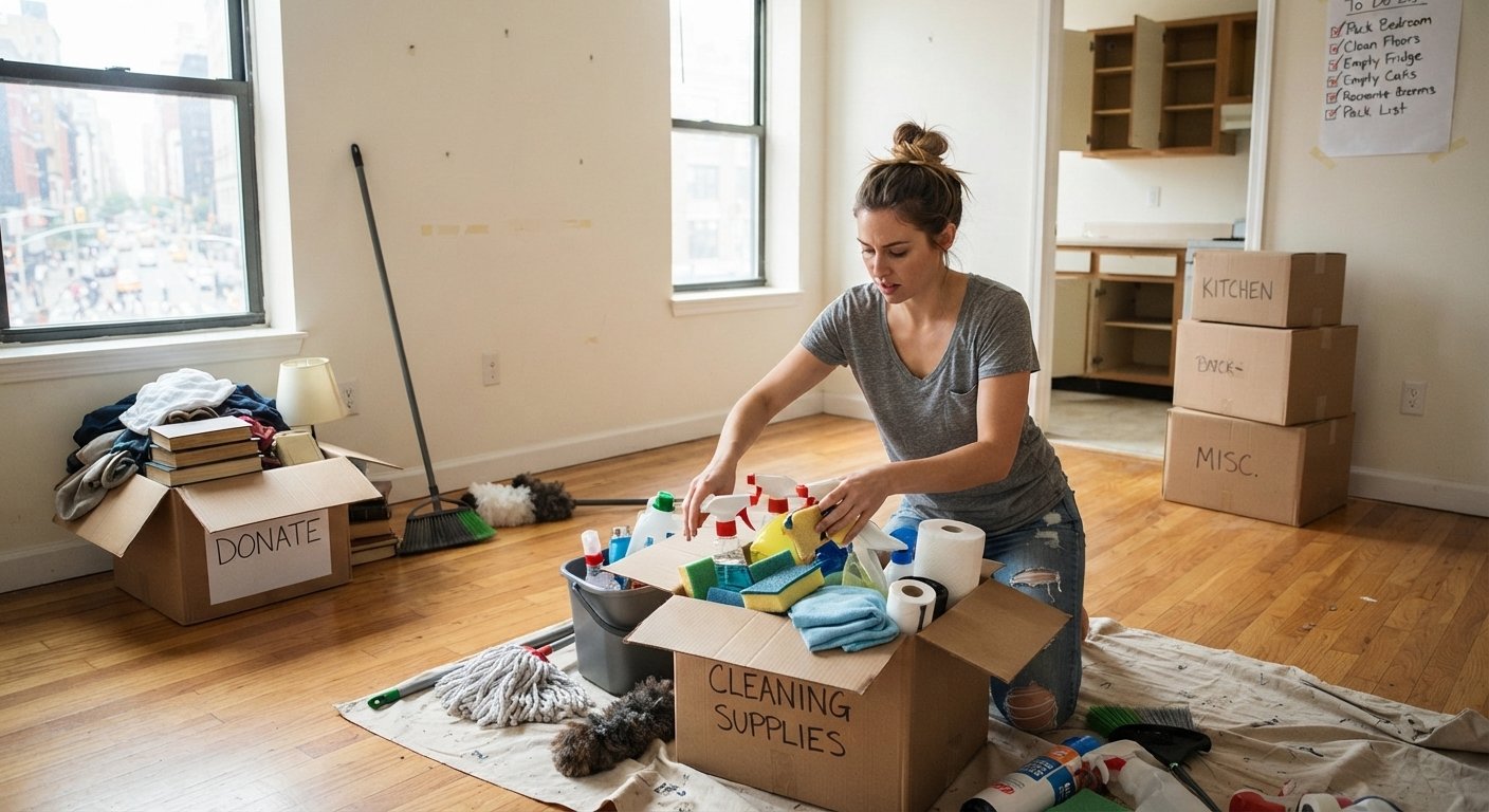 Person-organizing-cleaning-supplies-and-preparing-an-apartment-for-a-rushed-move-out.